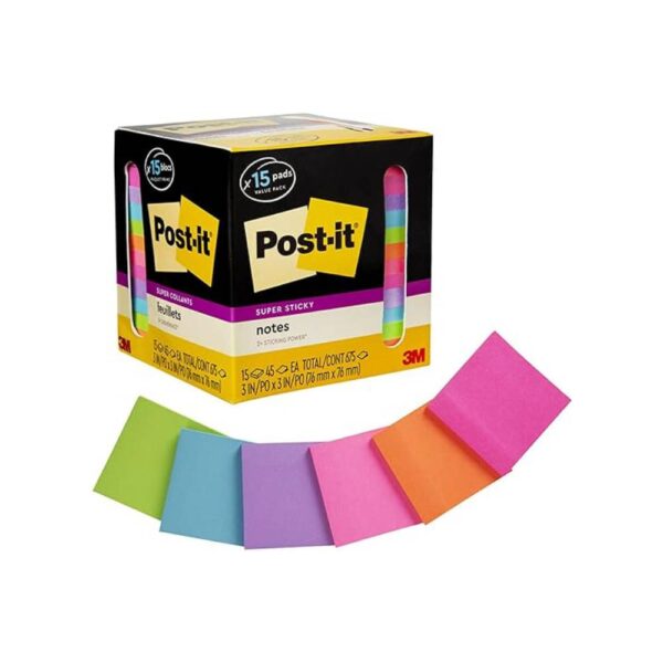 Post-it Super Sticky Notes, Assorted Bright Colors, 3x3 in, 15 Pads/Pack, 45 Sheets/Pad, 2x the Sticking Power, Recyclable, Multi-color