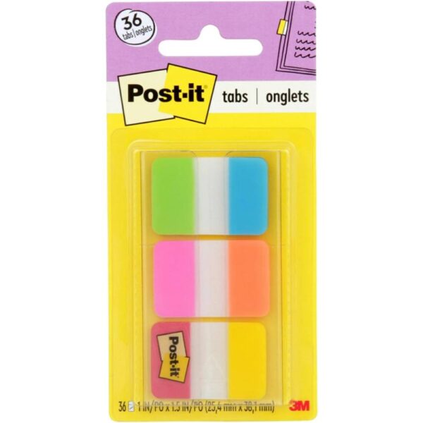 Post-it Tabs, 1 in Solid, Aqua, Yellow, Pink, Red, Green, Orange, 6/Color, 36/Dispenser (686-ALOPRYT)