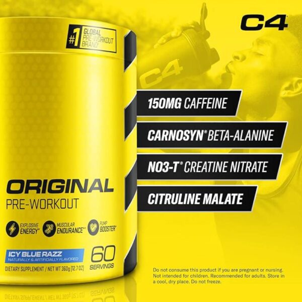 Cellucor C4 Original Pre Workout Powder ICY Blue Razz - Vitamin C for Immune Support - Sugar Free Preworkout Energy for Men & Women - 150mg Caffeine Plus Beta Alanine Plus Creatine - 60 Servings - Image 2