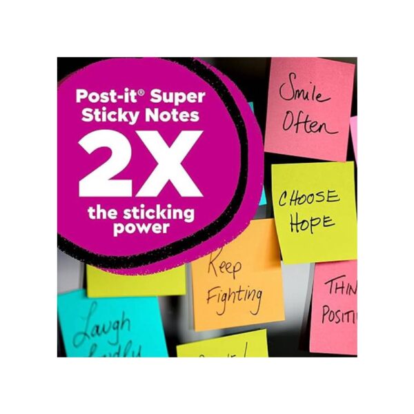 Post-it Super Sticky Notes, Assorted Bright Colors, 3x3 in, 15 Pads/Pack, 45 Sheets/Pad, 2x the Sticking Power, Recyclable, Multi-color - Image 2