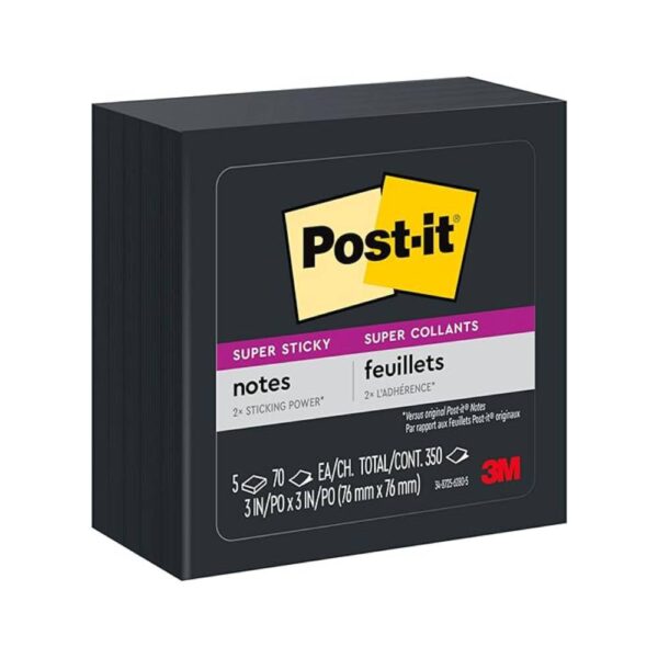 Post-it Super Sticky Notes, 3x3 in, 5 Pads, 2x the Sticking Power, Black (654-5SSSC)