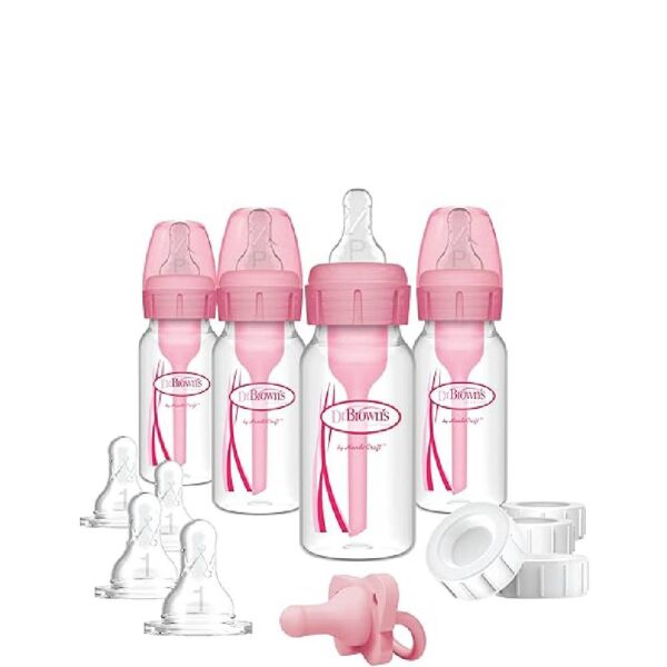 Dr. Brown's Anti-Colic Baby Feeding Set with Slow Flow Nipples, Travel Caps, Silicone Pacifier - Pink