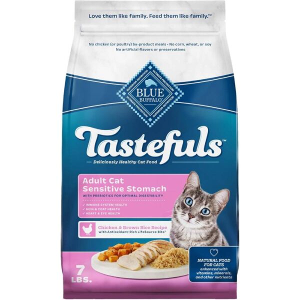 Blue Buffalo Tastefuls Adult Dry Cat Food Sensitive Stomach Formula, Made in the USA with Natural Ingredients, Chicken Recipe, 7-lb. Bag