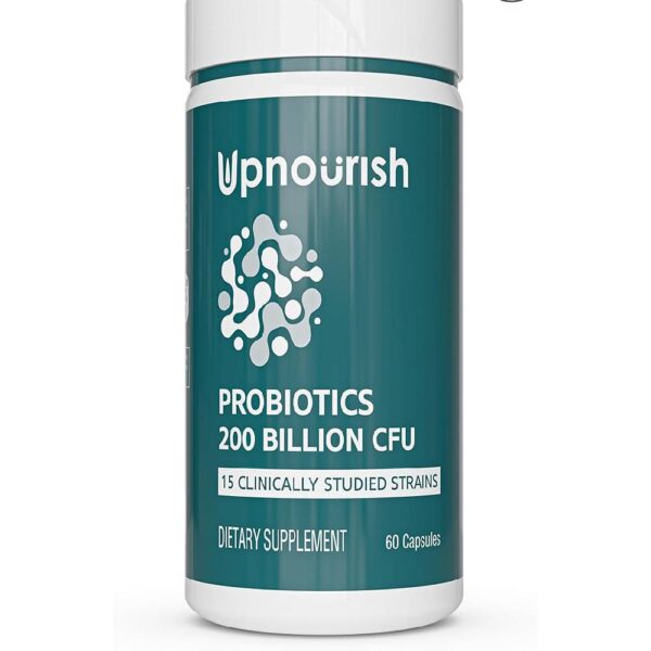 UpNourish Probiotics - 200 Billion CFUs, 15 Strains, Prebiotics & Enzymes - 60 Vegan Capsules