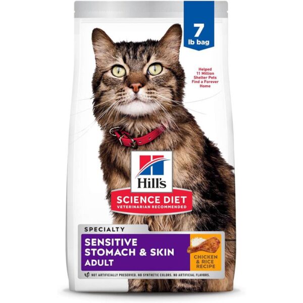 Hill's Science Diet Sensitive Stomach & Skin, Adult 1-6, Stomach & Skin Sensitivity Support, Dry Cat Food, Chicken & Rice, 7 lb Bag