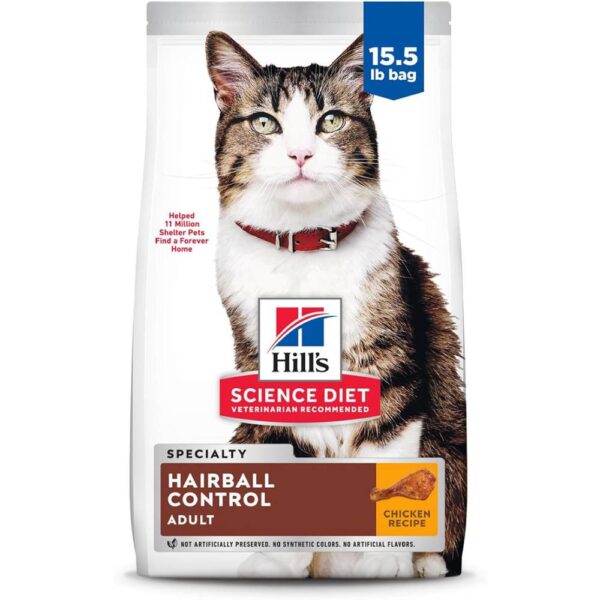 Hill's Science Diet Hairball Control, Adult 1-6, Hairball Control Support, Dry Cat Food, Chicken Recipe, 15.5 lb Bag