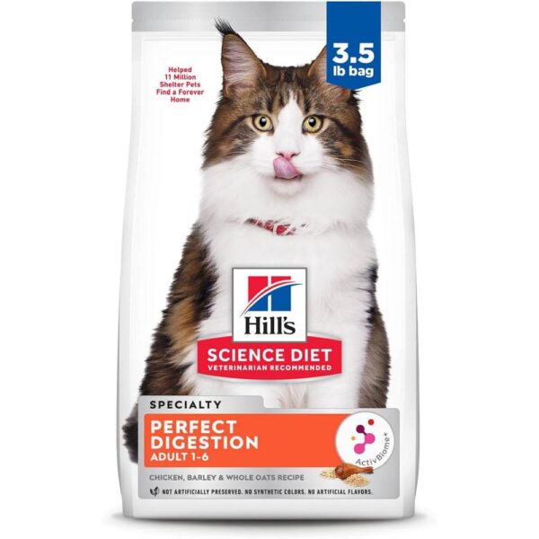 Hill's Science Diet Perfect Digestion, Adult 1-6, Digestive Support, Dry Cat Food, Chicken, Brown Rice, & Whole Oats, 3.5 lb Bag