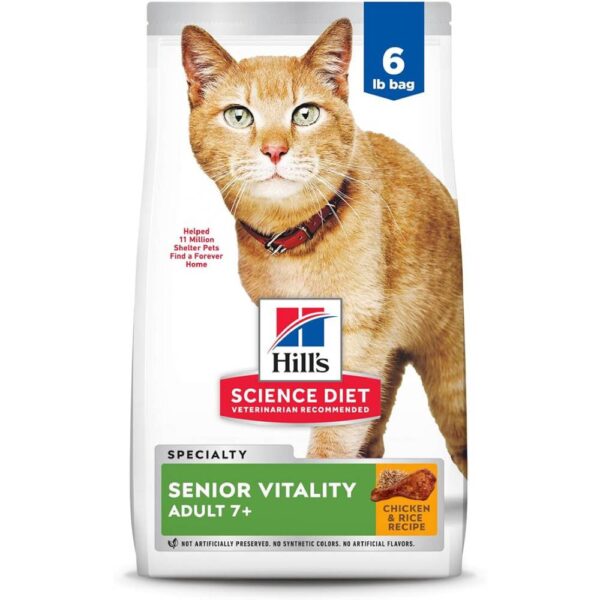 Hill's Science Diet Senior Vitality, Senior Adult 7+, Senior Premium Nutrition, Dry Cat Food, Chicken & Rice, 6 lb Bag